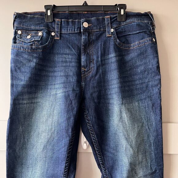 True Religion Ricky Jeans Mens 40 Blue Relaxed Straight Denim Distressed Casual - Picture 2 of 16